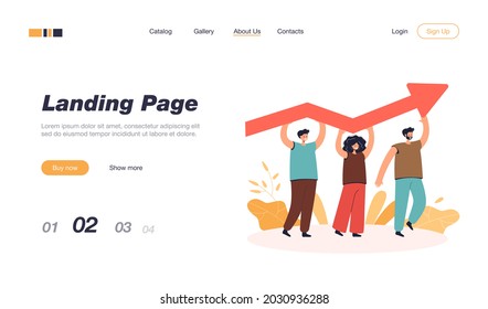 Tiny people holding growing arrow flat vector illustration. Cartoon professional characters working for success and career progress. Teamwork, progress and business development concept
