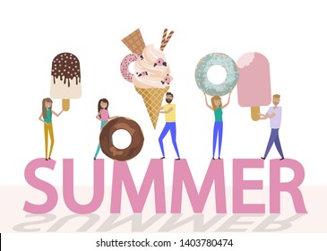 Tiny people are holding huge sweets, ice cream and donuts in the background of the huge inscription "Summer". Summer Time Website Landing Page, Web Page. Editable vector illustration
