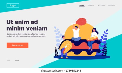 Tiny people holding meat and fish. Burger, salmon, meal flat vector illustration. Food and nutrition concept for banner, website design or landing web page