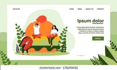 Tiny people holding meat and fish. Burger, salmon, meal flat vector illustration. Food and nutrition concept for banner, website design or landing web page