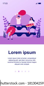 Pequeñas personas sosteniendo carne y pescado. Burger, salmón, harina, ilustración vectorial plana. Concepto de alimentación y nutrición para banner, diseño de sitios web o página web de aterrizaje