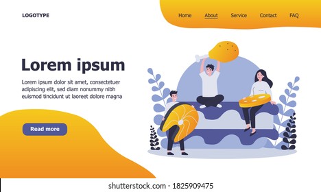 Tiny people holding meat and fish. Burger, salmon, meal flat vector illustration. Food and nutrition concept for banner, website design or landing web page