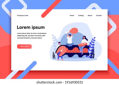 Tiny people holding meat and fish. Burger, salmon, meal flat vector illustration. Food and nutrition concept for banner, website design or landing web page