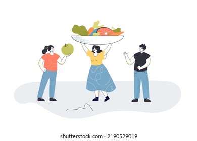 Kleine Leute halten Teller von Gemüse und Fisch. Weibliche und männliche Charaktere kochen gesundes Essen flache Vektorgrafik. Diät für Körpergesundheit Konzept für Banner, Website-Design oder Landung Web