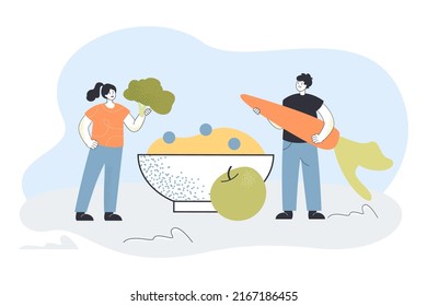 Tiny people holding vegetables for healthy diet. Man and woman cooking morning food flat vector illustration. Nutrition, breakfast meal, health concept for banner, website design or landing web page