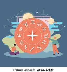 Tiny people and horoscope circle with zodiac signs. Stars, constellations and planets in sky flat vector illustration. Astrology, astronomy concept for banner, website design or landing web page