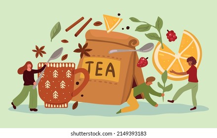 Tiny people with hot drink. Friends breakfast. Big tea bag tent. Ceramic cup. Flavoring additives with spices and lemon slice. Leaves and berries. Brewing tasty beverages