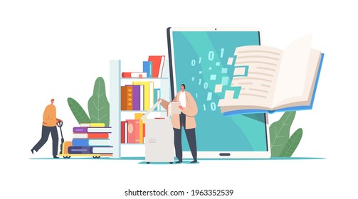 Tiny People with Huge Books in Library. Books Digitization Concept. Librarian Characters Scanning Paper Pages Converting Information into Digital Version on Computer. Cartoon Vector Illustration