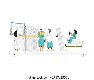 Tiny people with huge books on a shelf. Book fair, market, library, swap event. Literature fans. Rading lovers. Vector illustration.