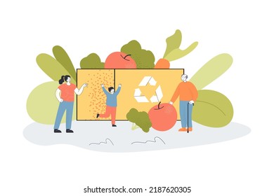 Tiny people and huge carboard box with fruits. People sorting rubbish, taking care of planet flat vector illustration. Recycling, ecology concept for banner, website design or landing web page