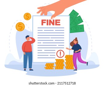 Tiny people with huge fine document flat vector illustration. Sad man and woman getting penalty or mulct from police for breaking law, paying traffic bill. Punishment notice, economy concept