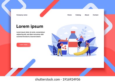 Tiny people with huge fruits and milk bottle. Cocktail, strawberry, banana flat vector illustration. Healthy food and beverages concept for banner, website design or landing web page