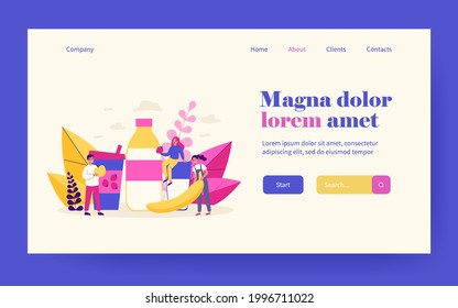 Tiny people with huge fruits and milk bottle. Cocktail, strawberry, banana flat vector illustration. Healthy food and beverages concept for banner, website design or landing web page