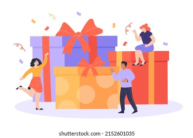 Tiny people with huge gift boxes flat vector illustration. People celebrating birthday, sending or receiving presents for loyalty or brilliant ideas. Reward, bonus, party concept