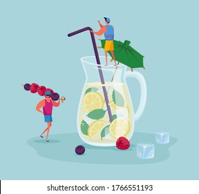 Tiny People at Huge Glass Jug with Lemonade or Juice with Lemon Slices, Ice Cubes, Mint Leaves and Straw. Male Characters Drinking Cold Drinks and Sweet Beverage at Summer. Cartoon Vector Illustration