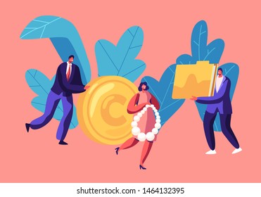 Tiny People with Huge Golden Coin, Jewelry and Documents Folder, Money Investment, Capital Safety, Business Men and Women Characters Making Savings, Wealth, Income. Cartoon Flat Vector Illustration