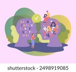 Tiny people and huge heads with organized and mixed alphabet. Man with dyslexia or reading and understanding problem flat vector illustration. Dyslexia, communication, disorder concept for banner