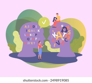 Tiny people and huge heads with organized and mixed alphabet. Man with dyslexia or reading and understanding problem flat vector illustration. Dyslexia, communication, disorder concept for banner