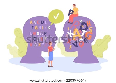Tiny people and huge heads with organized and mixed alphabet. Man with dyslexia or reading and understanding problem flat vector illustration. Dyslexia, communication, disorder concept for banner