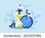 Tiny people and huge hourglass, alarm clock. Team working together with laptops. Time management and business planning. Time is money.  Deadline. Young employees work near the dial of a large watch.