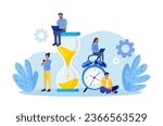 Tiny people and huge hourglass, alarm clock. Team working together. Time management and business planning. Time is money.  Deadline. Young employees work near the dial of a large watch