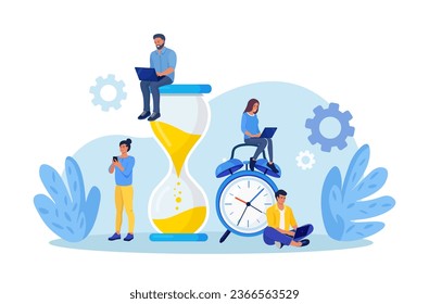 Tiny people and huge hourglass, alarm clock. Team working together. Time management and business planning. Time is money.  Deadline. Young employees work near the dial of a large watch