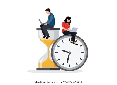 Tiny people and huge hourglass, alarm clock. Team working together with laptops. Time management and business planning. Time is money. Deadline. Young employees work near the dial of a large watch.
