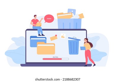 Tiny people and huge laptop with trash bin on screen. Speech bubble with word delete, process of deleting of files on computer flat vector illustration. Storage, digital data concept for banner