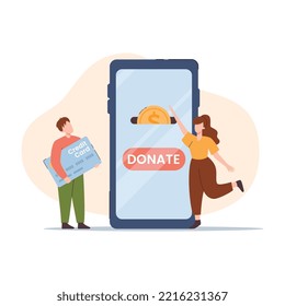 Tiny people and huge mobile phone screen with donate button flat style, vector illustration isolated on white background. Money support concept, charity and help, kindness
