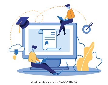 Tiny People at Huge Pc Monitor with Diploma Certificate on Screen on White Background with Outline Elements. Academic Cap, Cloud Storage. Students Holding Gadgets Cartoon Flat Vector Illustration