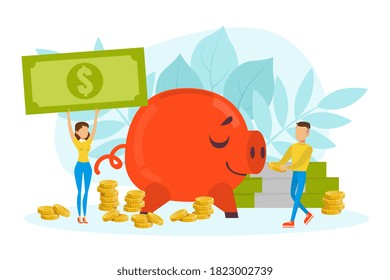Tiny People and Huge Piggy Bank, Finance Investment and Planning Concept Flat Vector Illustration