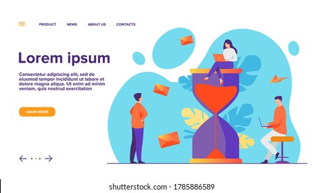 Tiny people and huge sand glass flat vector illustration. Cartoon team working together with laptops. Time management and business concept