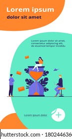 Tiny people and huge sand glass flat vector illustration. Cartoon team working together with laptops. Time management and business concept