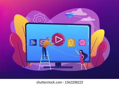Kleine Leute an einem riesigen Smartphone mit Anwendungssymbolen. Intelligente TV-Technologie, Internet-Fernsehen, Online-TV-Übertragungskonzept. Helle, lebendige violette Vektorgrafik einzeln