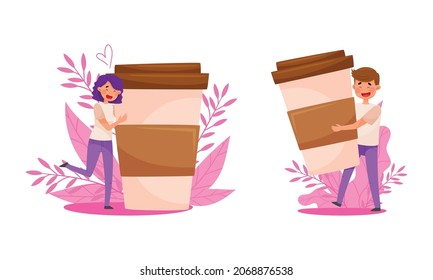 Tiny people hugging huge disposal coffee mugs set. Coffee lovers concept cartoon vector illustration