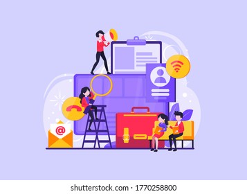 tiny people human Resources, Recruitment Concept for web page, banner, presentation, social media, documents, cards, posters. Vector illustration HR, hiring, application form for employment.