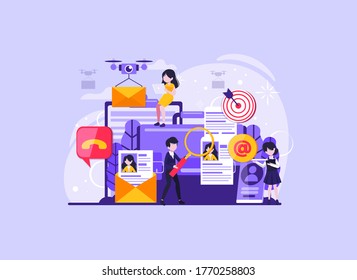 minúsculos recursos humanos, concepto de reclutamiento para página web, banner, presentación, medios sociales, documentos, tarjetas, afiches. Ilustración vectorial HR, contratación, formulario de solicitud de empleo.