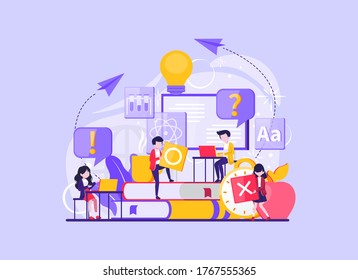 Tiny people illustration of frequently asked questions. People around exclamations and question marks, metaphor question answer. Vector illustration