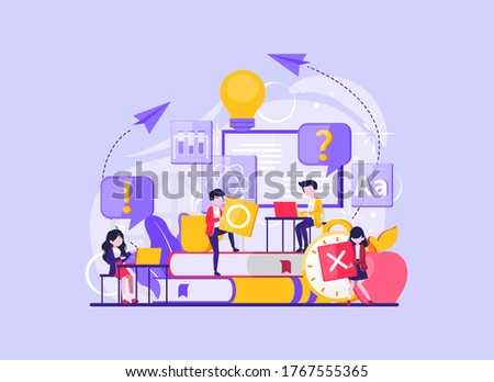 Tiny people illustration of frequently asked questions. People around exclamations and question marks, metaphor question answer. Vector illustration