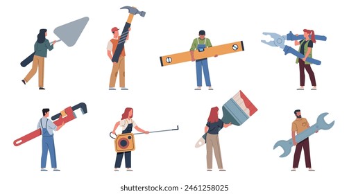 Winzige Menschen mit Instrumenten. Handwerker in Arbeitskleidung halten verschiedene Reparatur- und Bauwerkzeuge, professionelle Arbeiter. Carpentry Cartoon Flat Style isolierte Illustration Vektorgrafik Reparaturset