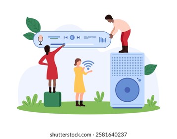 Tiny people interacting with a sound speaker, focusing on audio technology, music, and sound engineering, highlighting modern sound systems vector illustration.