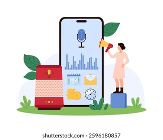 Tiny people interacting with a voice assistant on a large mobile device, using megaphone and various icons for commands, highlighting digital communication vector illustration.