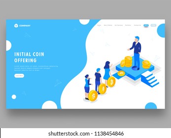 Tiny People Invest Their Cryptocurrency To Crowdfunding For Future Profit. Landing Page Design For Initial Coin Offering (ICO) Concept.