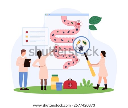 Tiny people investigating harmful gut flora, focusing on digestive health issues, exploring bacteria and its impacts on overall wellness vector illustration.