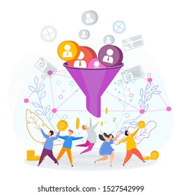 Tiny people joyfully run under a huge funnel. Loyal customers from sales funnel. Business metaphor. Attracting potential customers. Website conversion in internet marketing. Trendy flat vector style.