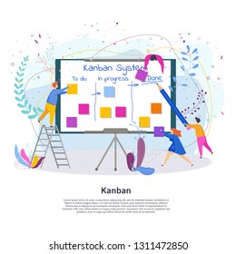 Tiny people with Kanban Project Management System on flipchart. Flat cartoon illustration. Objects isolated on white background.