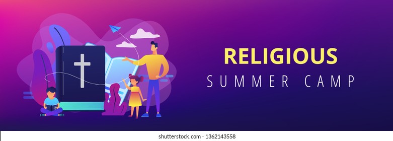 Tiny people, kids boy and girl in christian summer camp reading bible. Religious summer camp, faith based camp, religious education concept. Header or footer banner template with copy space.