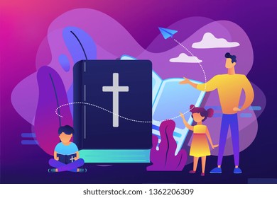 Tiny people, kids boy and girl in christian summer camp reading bible. Religious summer camp, faith based camp, religious education concept. Bright vibrant violet vector isolated illustration