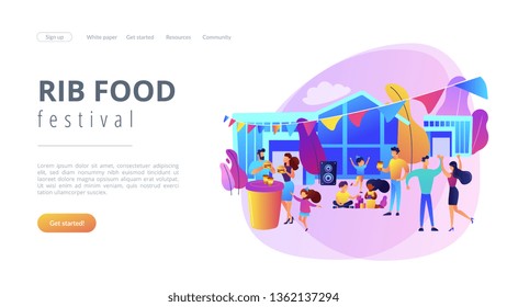 Tiny People With Kids Eating Fast Food And Dancing, Enjoying Outdoor Festival. Street Party, Pizza City Fest, Rib Food Festival Concept. Website Homepage Landing Web Page Template.