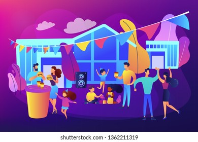 Tiny people with kids eating fast food and dancing, enjoying outdoor festival. Street party, pizza city fest, rib food festival concept. Bright vibrant violet vector isolated illustration